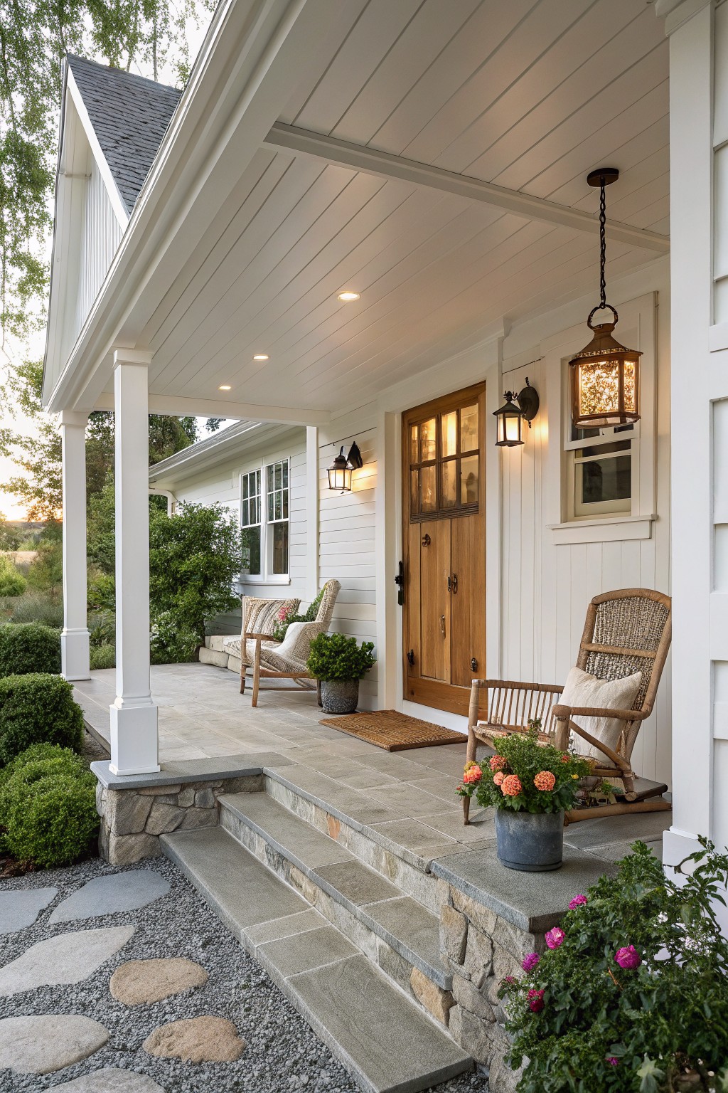 White board-and-batten farmhouse exterior with covered porch, wooden door with glass panels, two rattan rocking chairs with pillows, potted plants, hanging lantern, wall sconces, stone steps, gravel path, and surrounding shrubs.