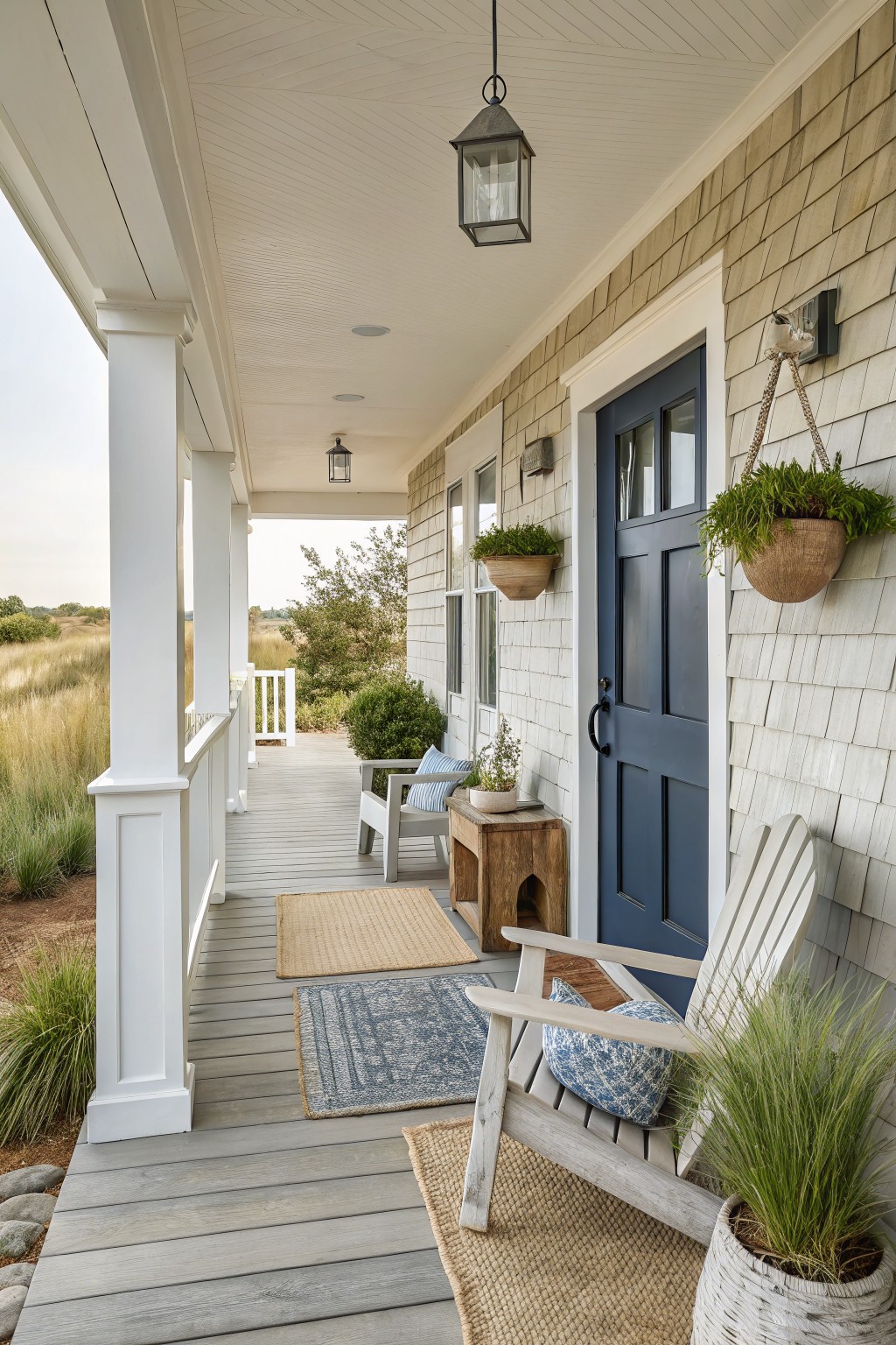 Beige shingle-clad house exterior with tall white tapered columns supporting a covered wrap-around porch, navy blue front door with sidelight, hanging lanterns and plants, white Adirondack chairs with pillows on gray decking with layered rugs, wooden stool, potted grasses, and view of grassy landscape.