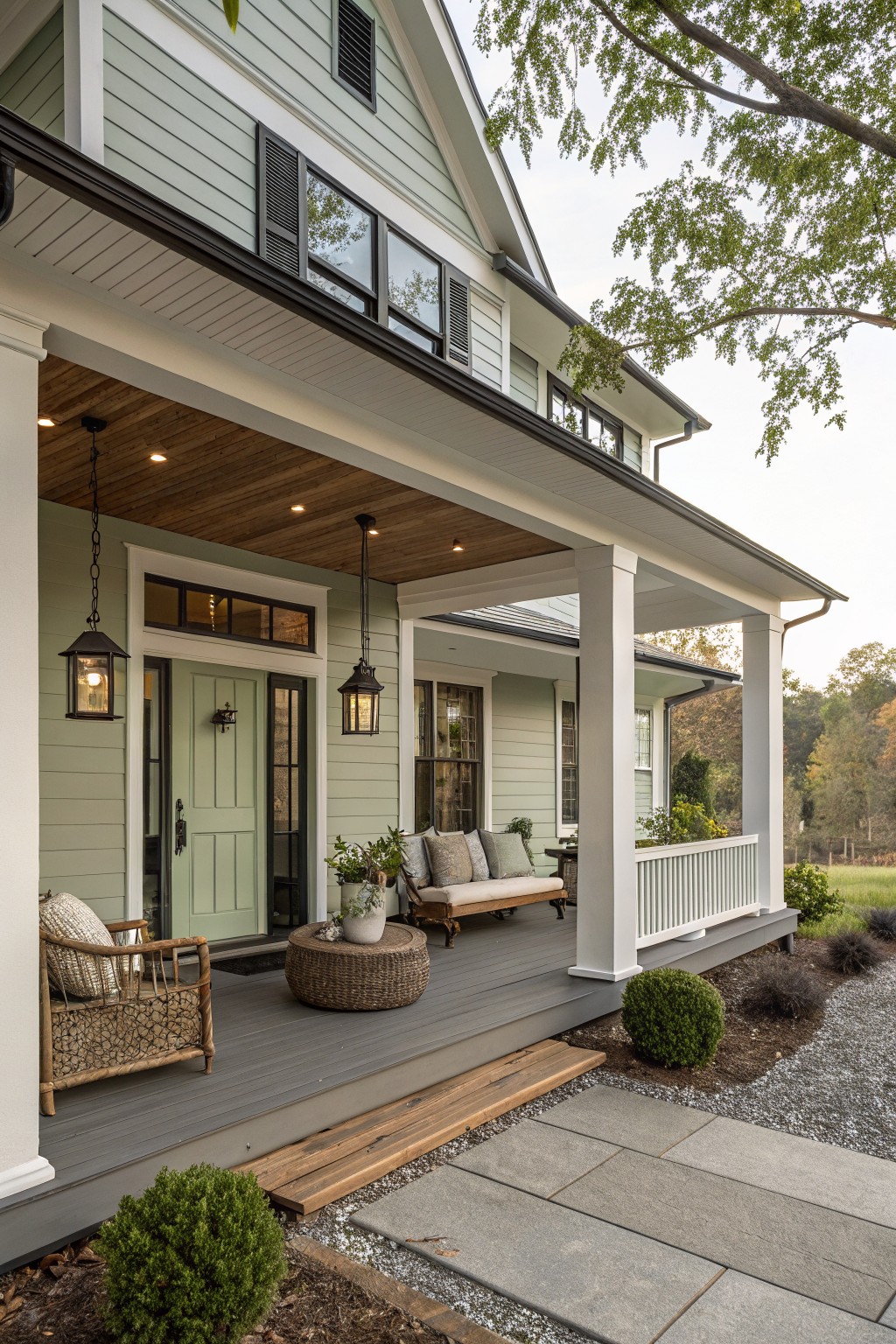 Light green siding farmhouse exterior with white trim and wrap-around porch, green front door flanked by lanterns, gray deck with wicker chairs and table, boxwood shrubs, gravel path, and steps.