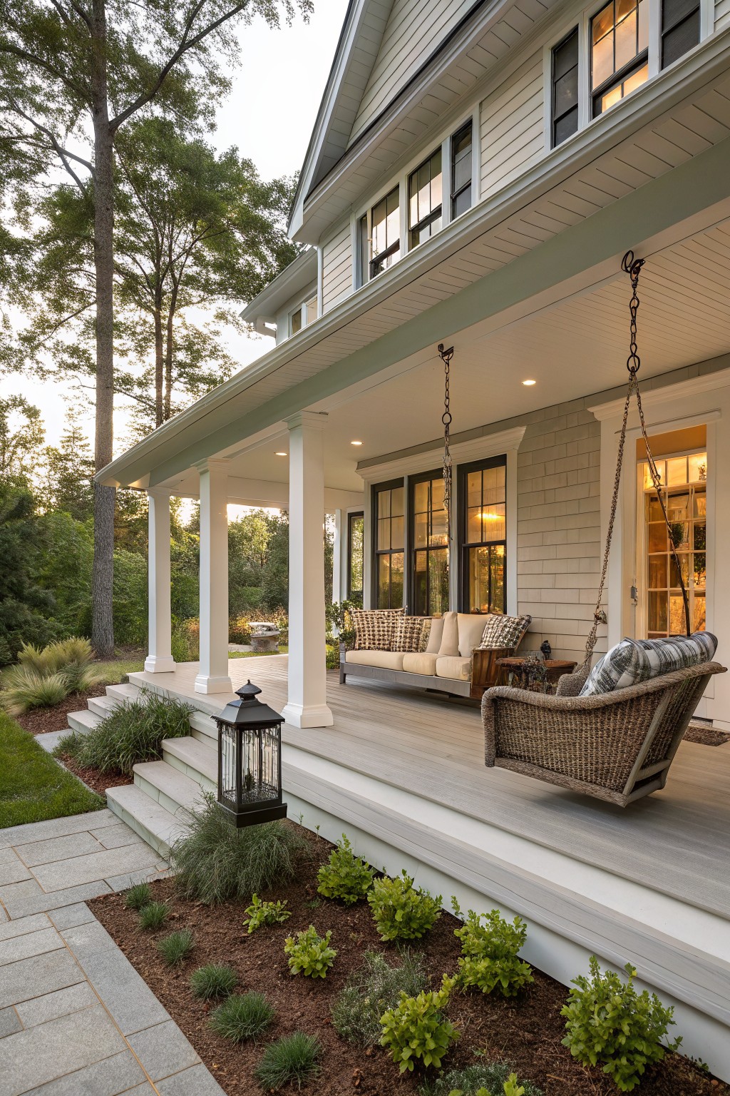 Side view of a shingle-sided modern farmhouse with wrap-around porch on gray decking, white columns, hanging wicker swing chair, sofa with pillows, lantern light, steps to stone path and plant beds, tall trees in background.