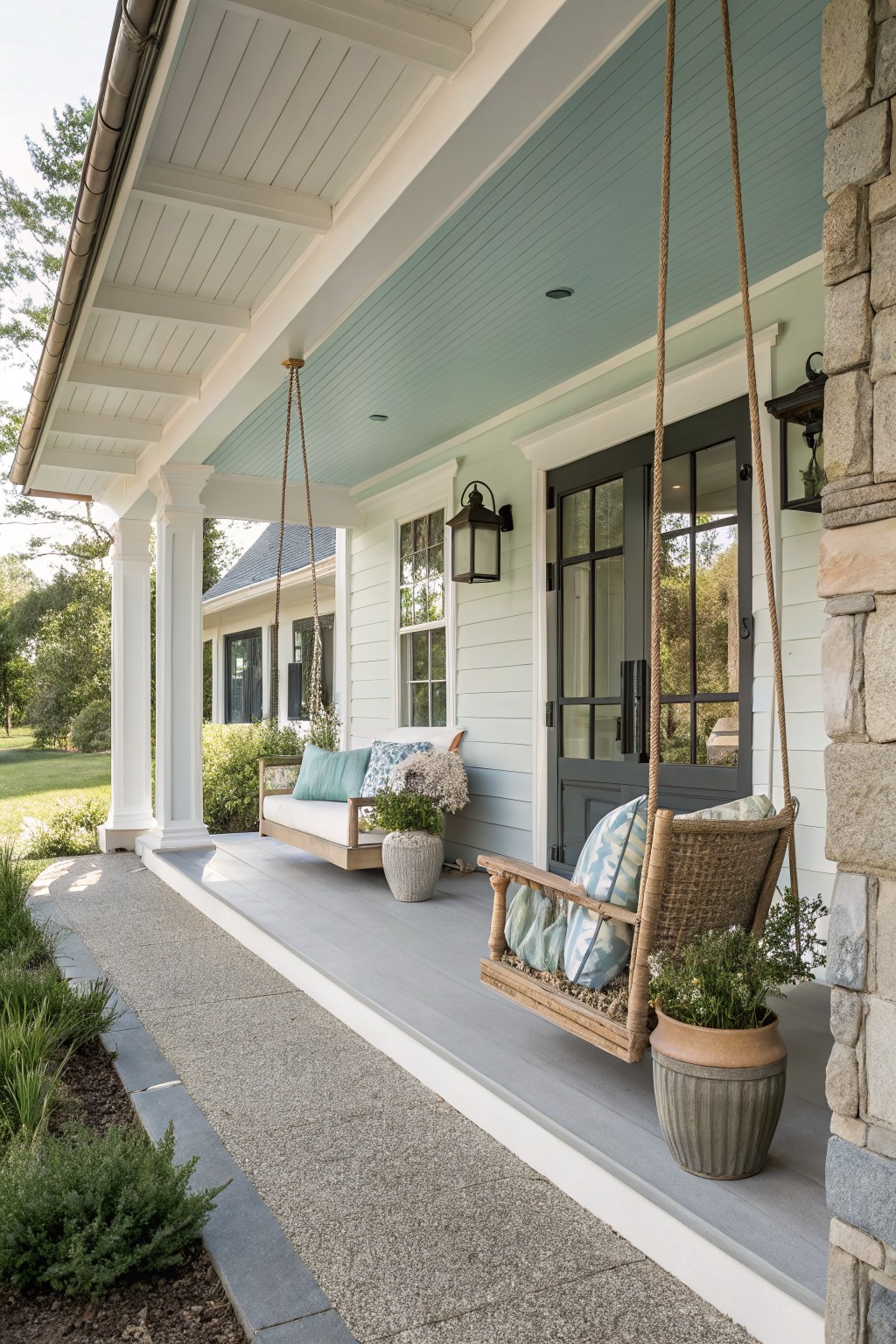 Side view of a white clapboard house with wrap-around porch, teal ceiling, white columns, stone pillar, black-framed glass door, hanging wooden daybed swing with cushions, wicker swing chair with pillows, and potted plants along the gray deck.