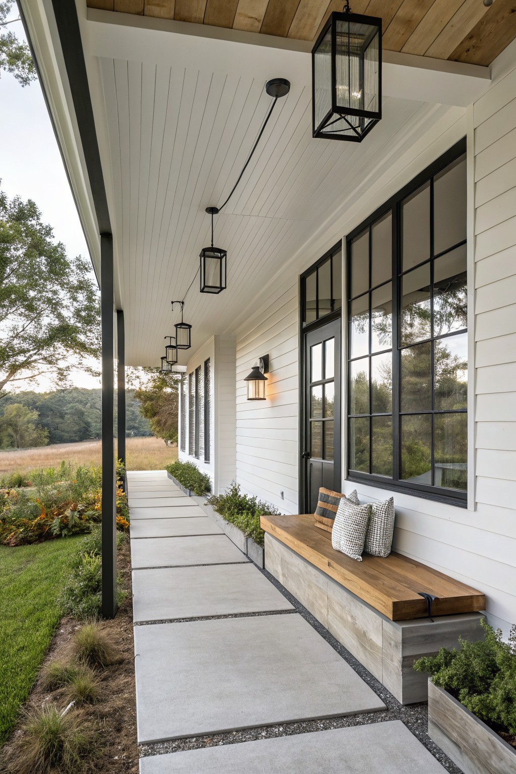 Modern farmhouse porch with black lanterns, wooden bench, and concrete walkway.
