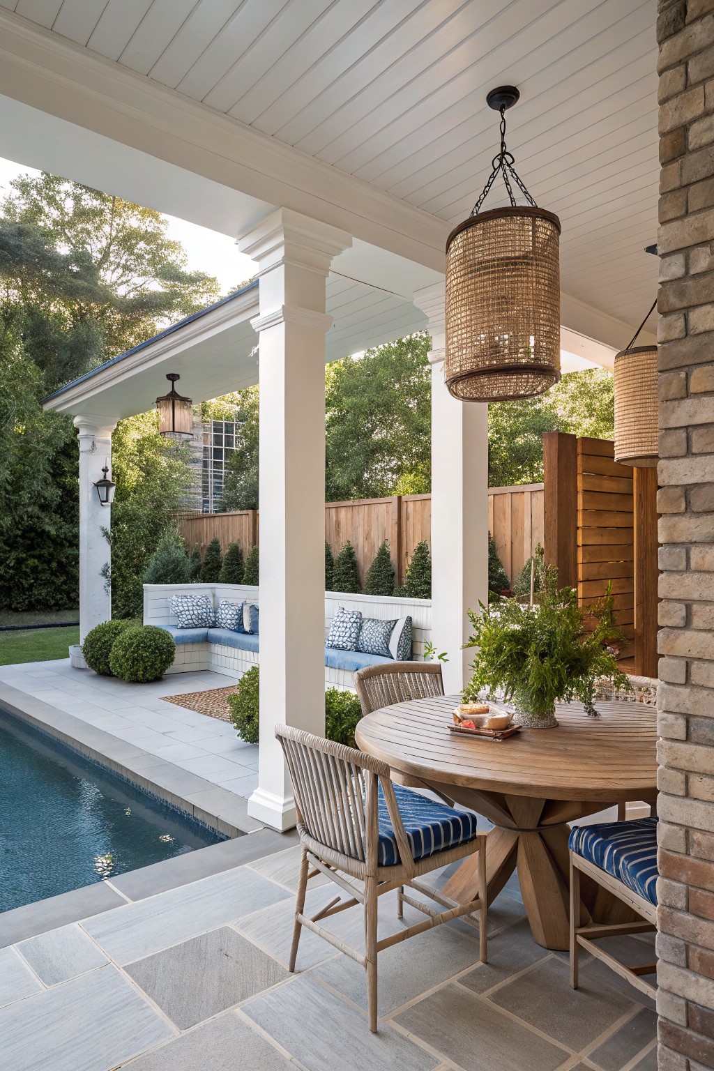 Covered patio with round wooden table, woven chairs, and pool view.