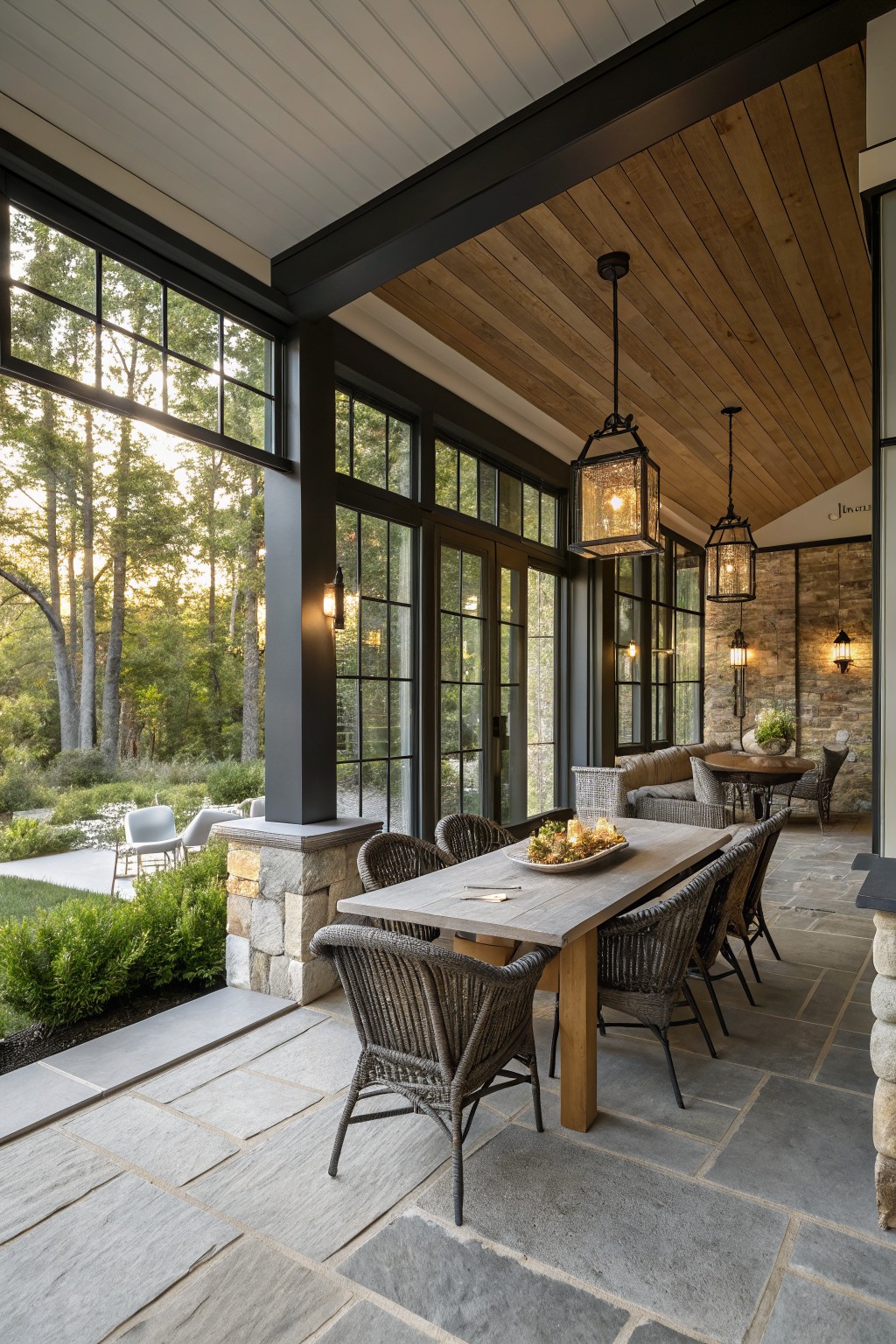 Rustic patio with wooden dining table, woven chairs, stone walls, and forest view.
