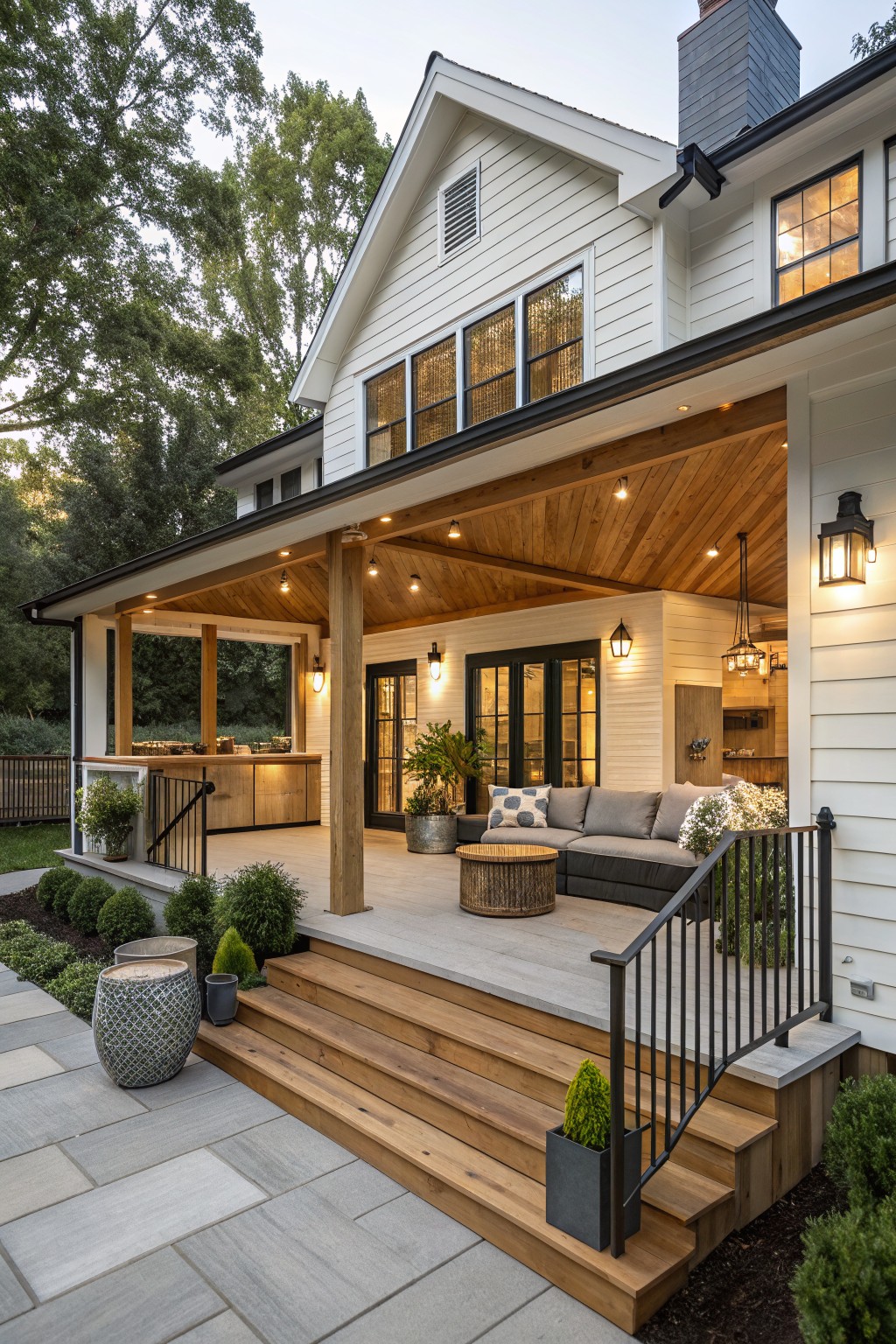 White modern farmhouse exterior with wraparound porch featuring wood-beamed ceiling, built-in wooden bar counter, gray sectional sofa, wooden stairs leading to gray stone patio, potted plants, lanterns, and surrounding trees.