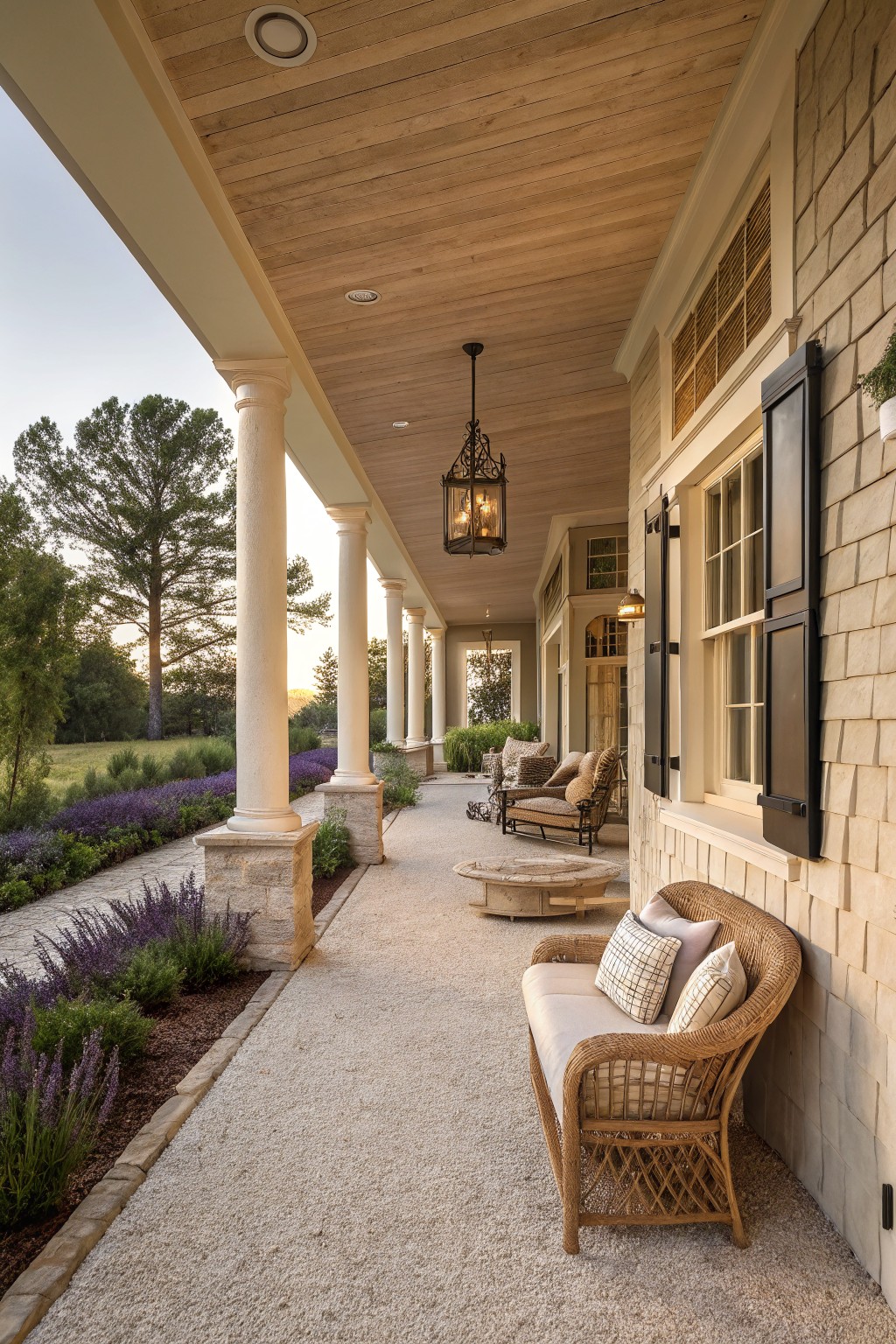 Side view of a covered wraparound porch on a shingle house with tall white fluted columns, wooden ceiling, hanging lanterns, wicker bench and chairs, low table, gravel path, and lavender plants along stone-edged borders.
