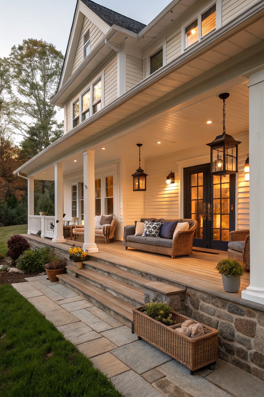 White clapboard farmhouse with wrap-around wooden porch, wicker sofa and chairs with pillows, hanging lanterns, French doors, potted plants, and stone steps to yard at dusk.