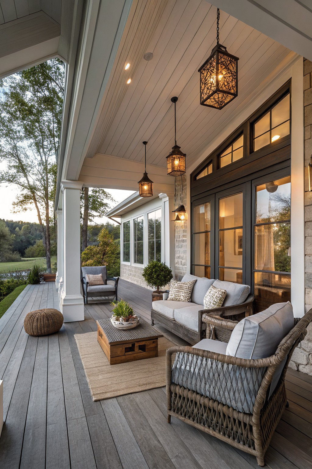 Wraparound covered porch with gray wood decking featuring a wicker sofa, two armchairs, wood coffee table, beige area rug, woven pouf, potted plants, and multiple hanging lanterns, adjacent to stone walls, large windows, white columns, and yard views.