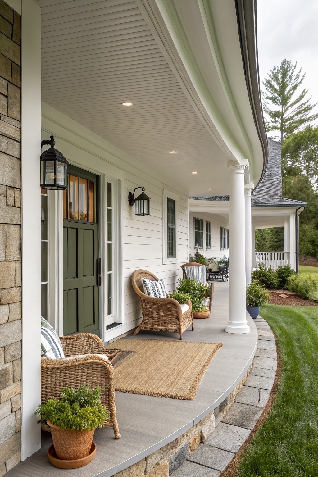 White modern farmhouse exterior with wrap-around porch, curved gray stone apron at base, green front door, wicker chairs, potted plants, white columns, and adjacent landscaping.