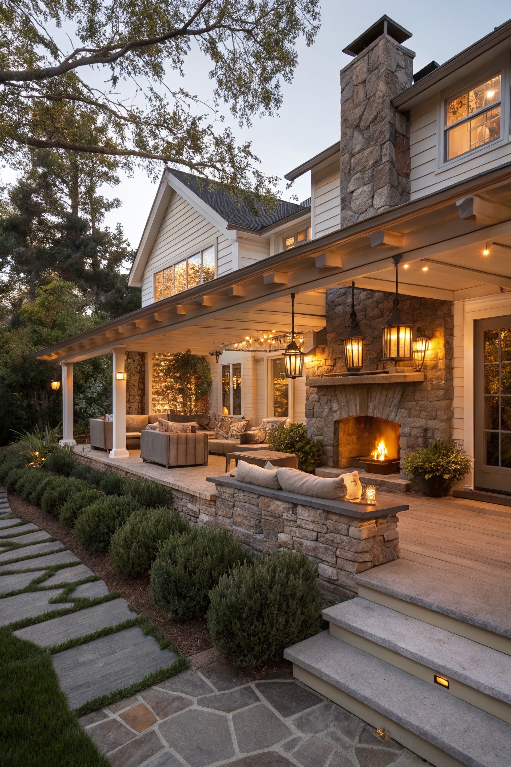 White clapboard house with stone chimney and wraparound porch at dusk, stone outdoor fireplace with lit fire, lounge seating, hanging lanterns, boxwood shrubs, stone pathway, and steps.