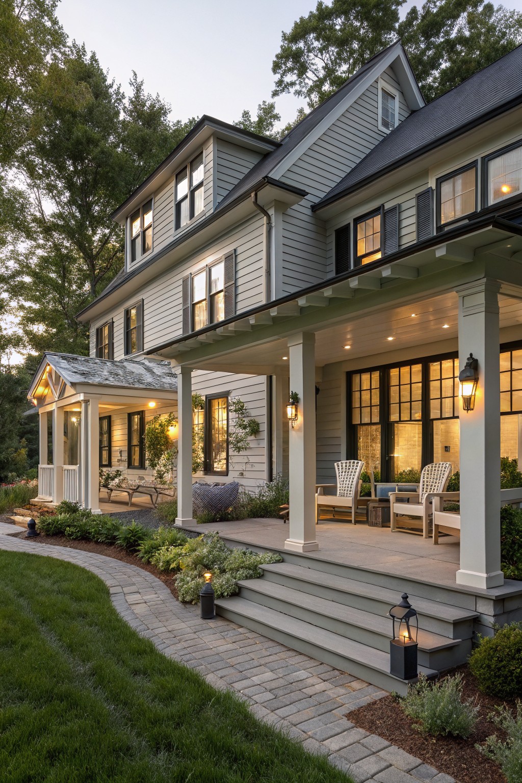 Two-story house exterior with gray clapboard siding, wraparound porch on white columns, Adirondack chairs, lanterns, potted plants, and a curved brick pathway through landscaped front yard at dusk.