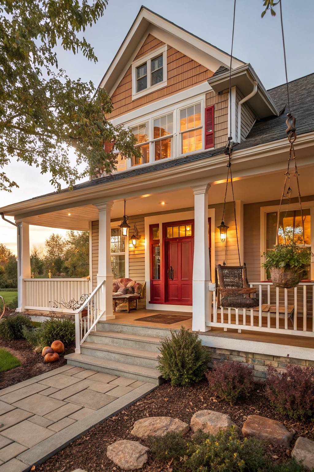 Two-story house with beige shingle siding, white trim, wraparound front porch supported by white columns, red front door, hanging swing chair, lanterns, steps, stone pathway, and front landscaping with plants and pumpkins.