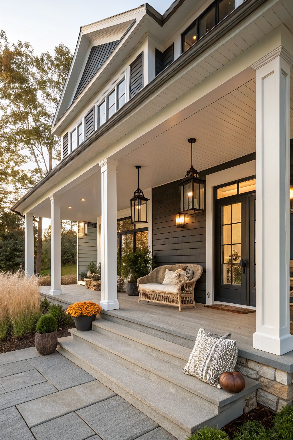 Two-story modern farmhouse exterior with wraparound porch supported by tall white columns, dark board-and-batten siding, black double front doors, hanging black lanterns, wicker bench with pillows on the porch, potted plants, stone steps, and surrounding grasses and shrubs.