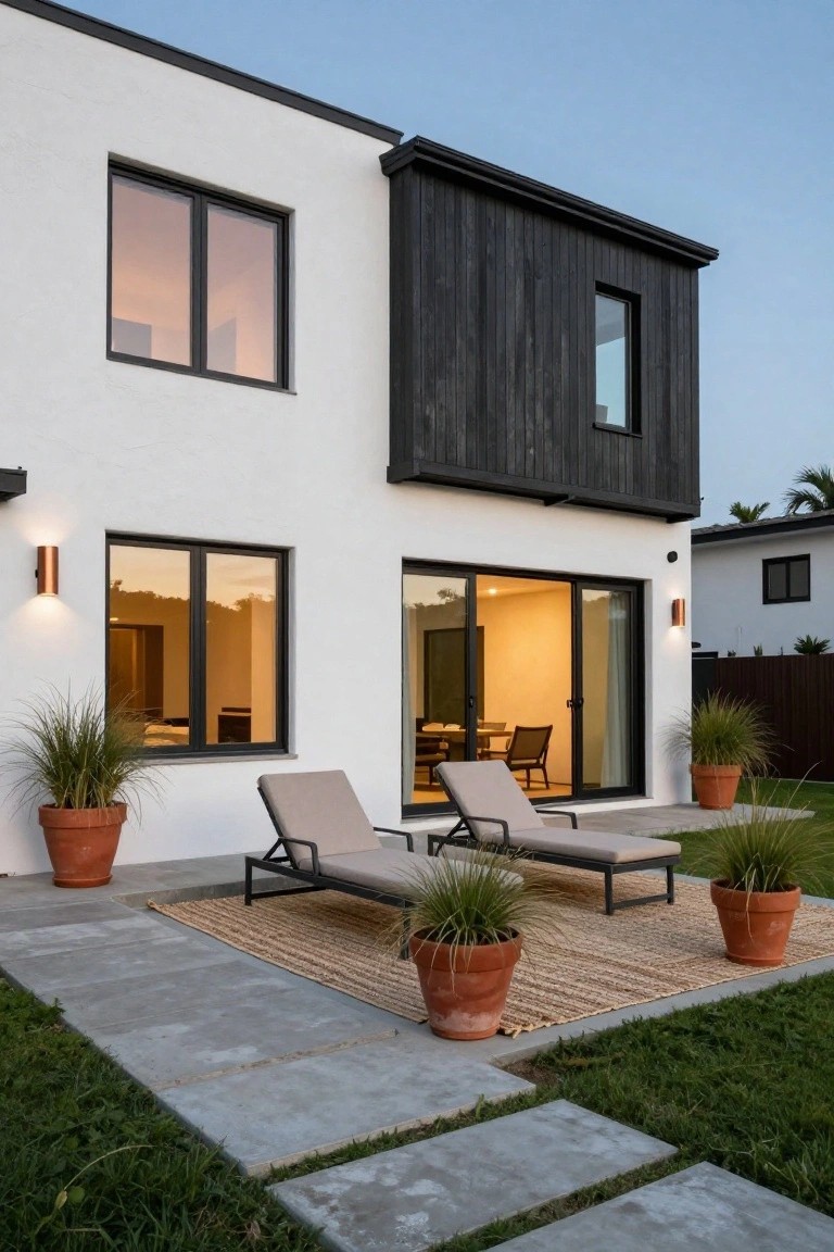 Modern house exterior at dusk with white stucco walls, black vertical wood cladding on upper section, large sliding glass doors to concrete patio with two lounge chairs, potted grasses, and warm interior lighting visible through windows.
