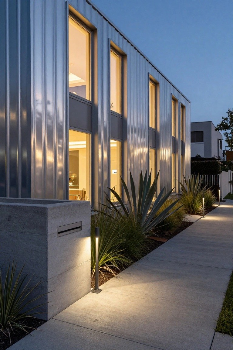 Contemporary house exterior with vertical corrugated silver metal siding, large windows glowing with interior lights at dusk, agave plants, and bollard lights along a concrete pathway and entry wall.