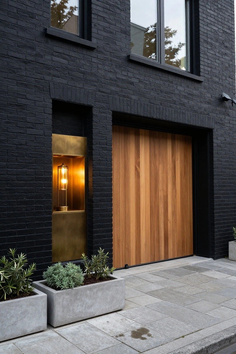 Black brick house exterior with tall vertical wooden garage door, brass lantern in wall niche, two concrete planters with rosemary and lavender plants, and gray stone paved walkway.