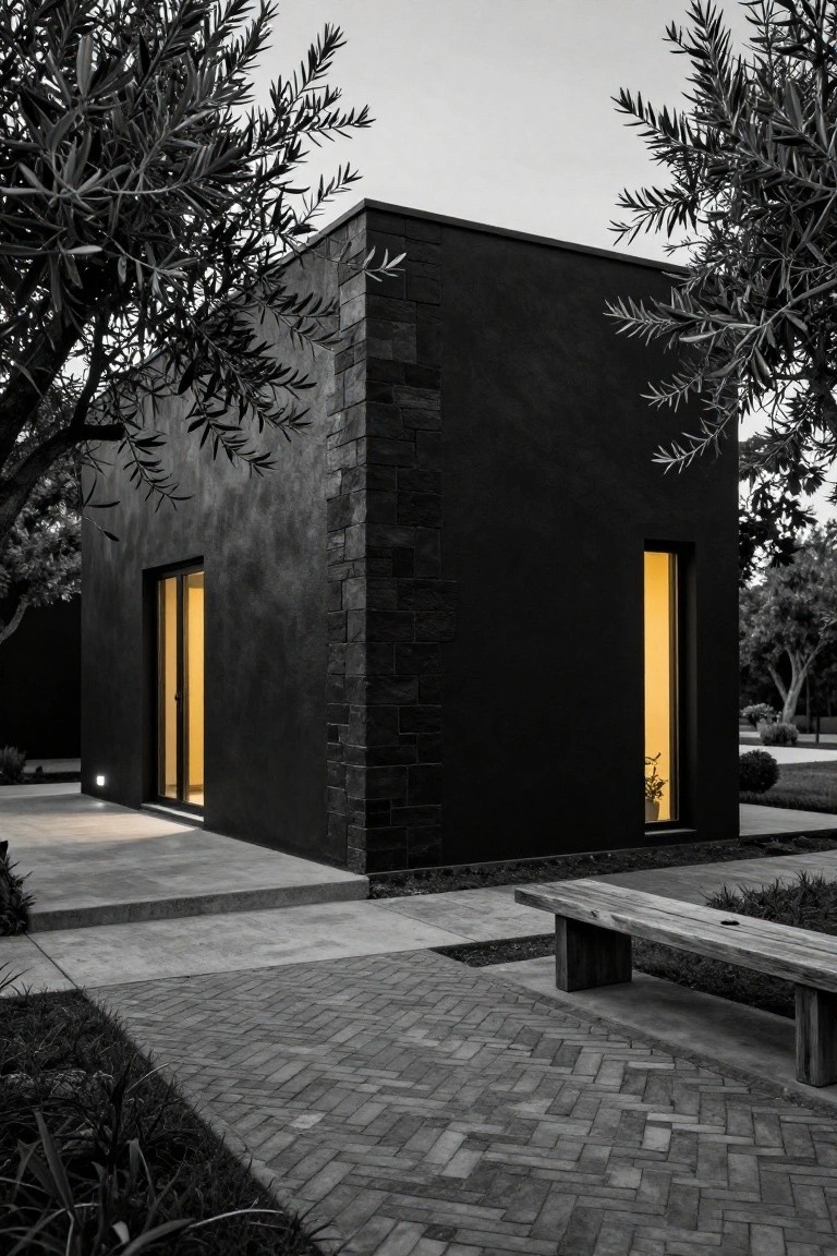Small modern cube house with black stucco walls, stone corner accents, two tall glowing yellow windows, olive trees, brick pathway, wooden bench, and low plants at dusk in black and white.