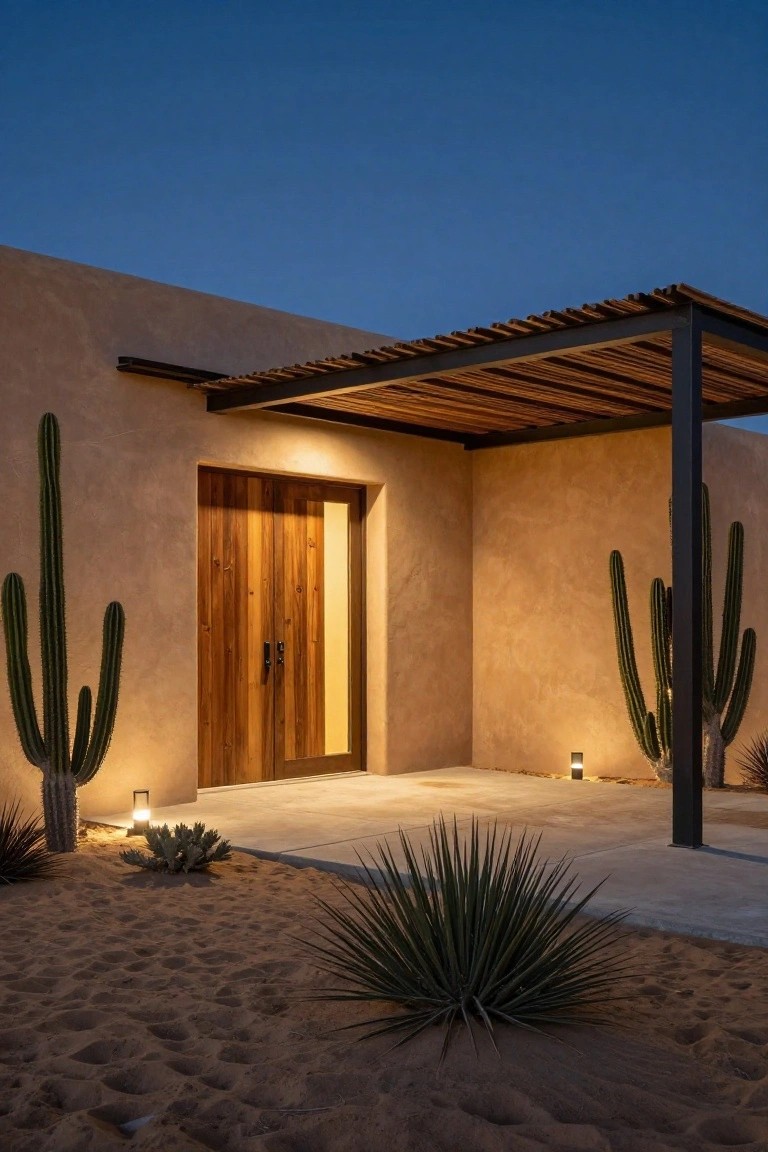 Nighttime photo of a beige stucco house corner with wooden double doors under a metal pergola with wood slats, tall cacti on both sides lit by ground uplights, agave plants, and sandy ground.