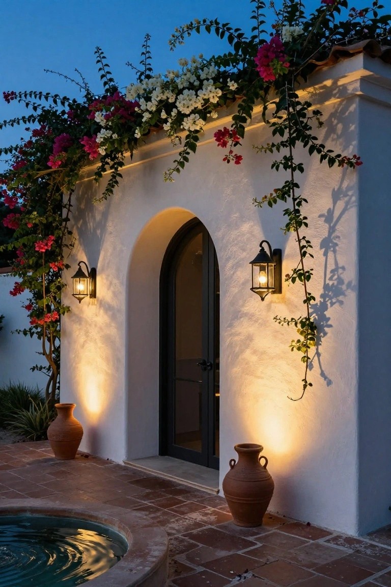 White stucco wall with arched black door flanked by lit wall lanterns, bougainvillea vines in pink and white draping over the top and sides, two terracotta pots on terracotta tile patio beside a small round pool at dusk.