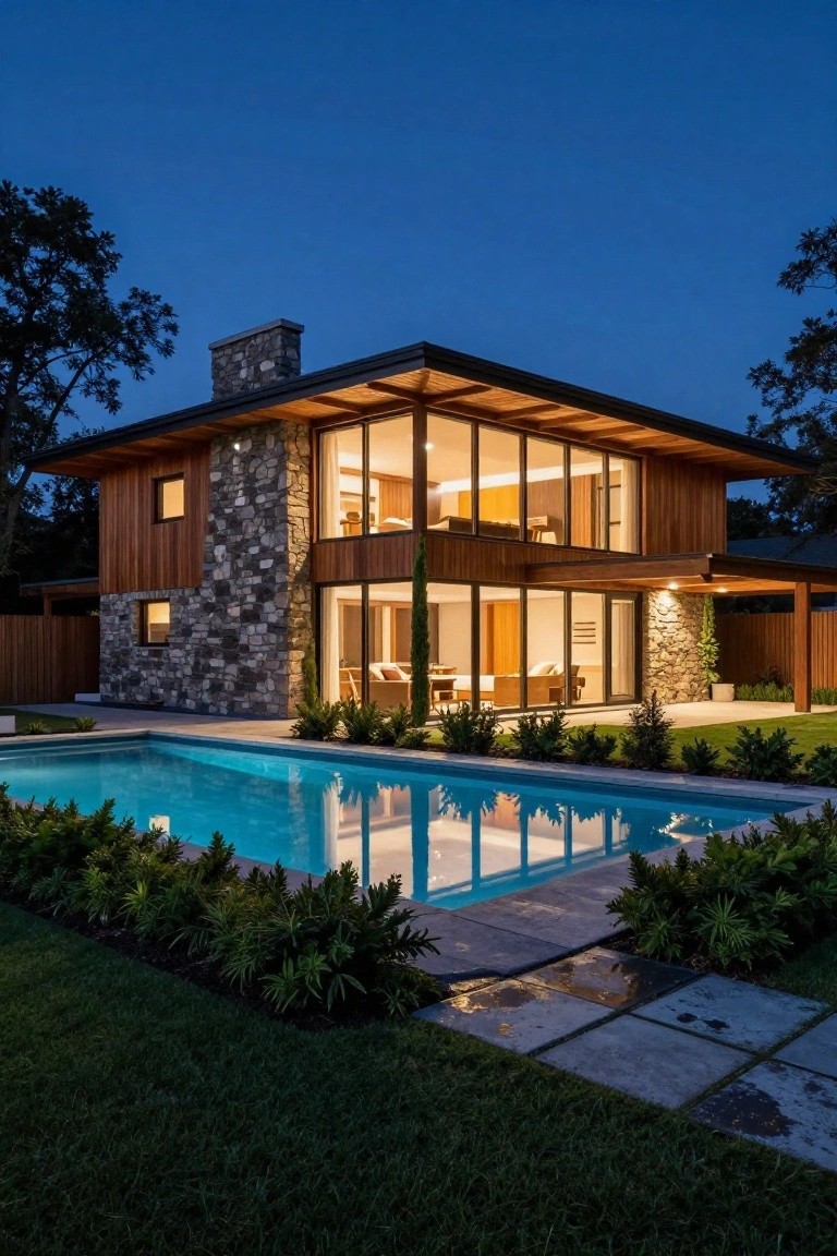 A modern two-story house with vertical wood cladding, stone chimney, and large illuminated glass walls at night, next to a rectangular pool with surrounding plants and pavers.