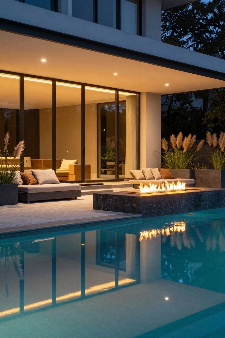 Nighttime photo of a modern home's outdoor patio area with a linear gas fire pit built into black stone along the infinity pool edge, gray sofa seating, pampas grass in tall planters, and large glass doors leading into the lit interior.