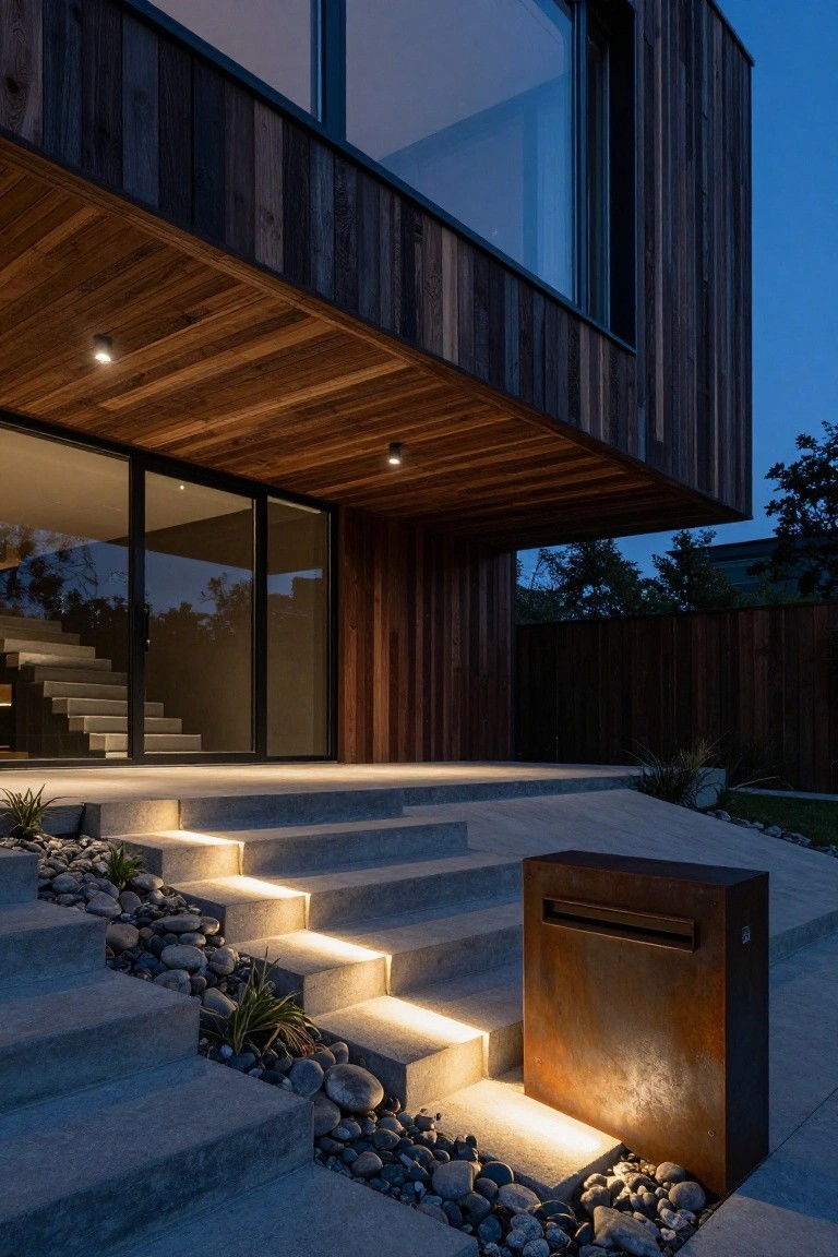 Modern house exterior at night with dark wooden cladding, large glass entry door under cantilevered wooden overhang, illuminated concrete steps with pebble surroundings and plants, and corten steel mailbox beside the steps.