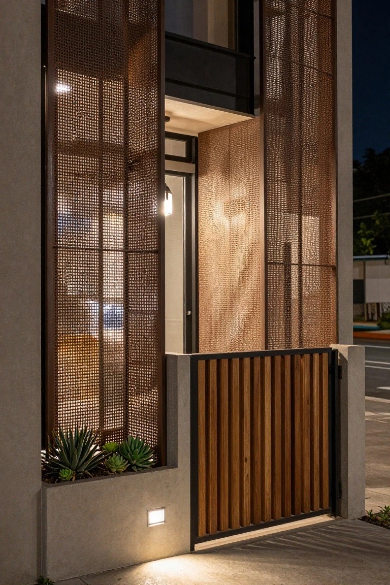Night view of a modern house exterior with vertical bronze perforated metal screens framing a lit entry, wooden slatted gate, succulent plants in a planter box, and ground lights along the sidewalk.