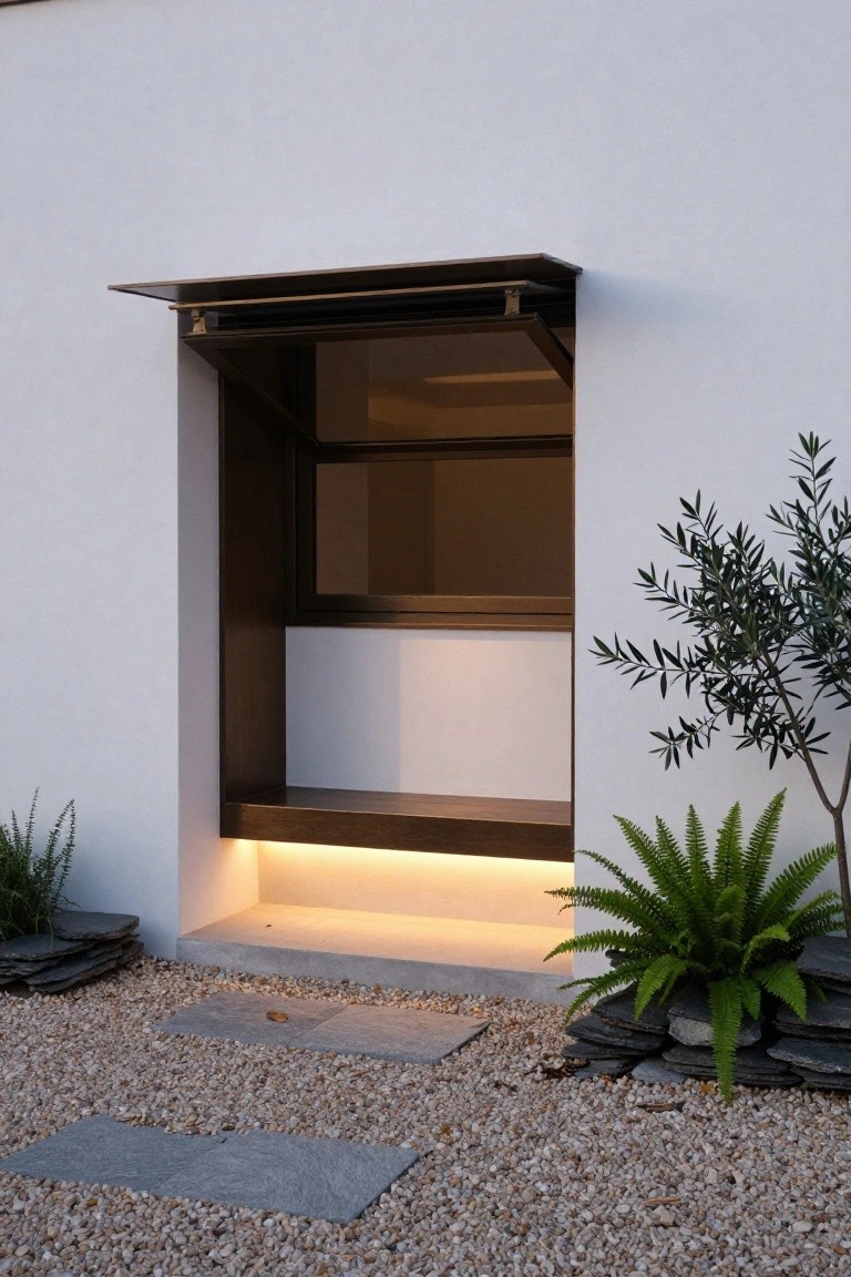 White stucco house wall with a recessed dark metal-framed window above a built-in wooden bench lit by warm LED strip lights underneath, gravel ground with slate pavers and potted plants nearby.