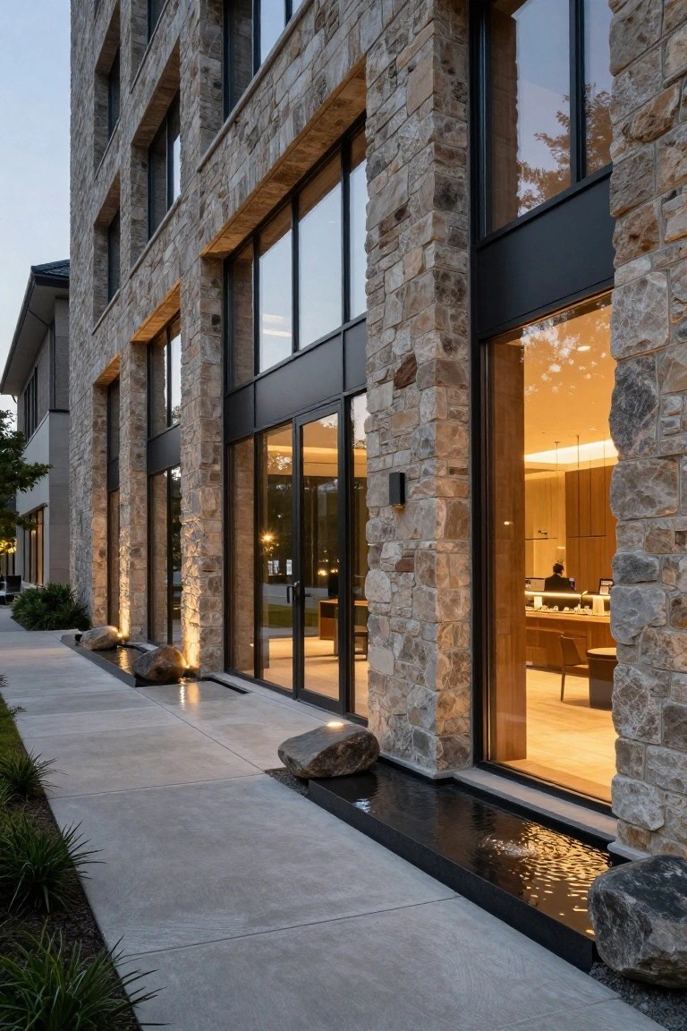 Multi-story modern house exterior featuring beige stone walls with black metal frames around large glass windows and doors, illuminated by ground uplights at night, with a linear black water channel containing rocks along a concrete pathway edged by low plants.