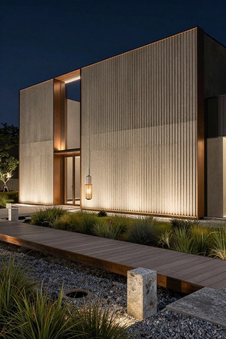 Modern house exterior at night with beige vertical slatted walls, illuminated bronze entry frame and glass door, hanging lantern, wooden walkway through grasses and gravel ground cover.