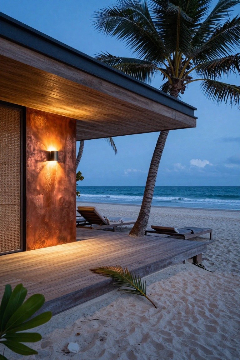 Modern tropical house exterior at dusk featuring a textured copper wall illuminated by black wall-mounted uplights, wooden deck extending to beach with loungers, palm trees, and ocean in background.