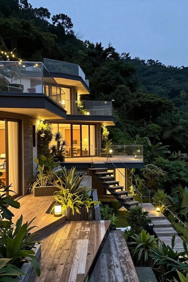 A modern multi-level house with wooden decks, glass railings, and warm path lighting perched on a lush tropical hillside at dusk.