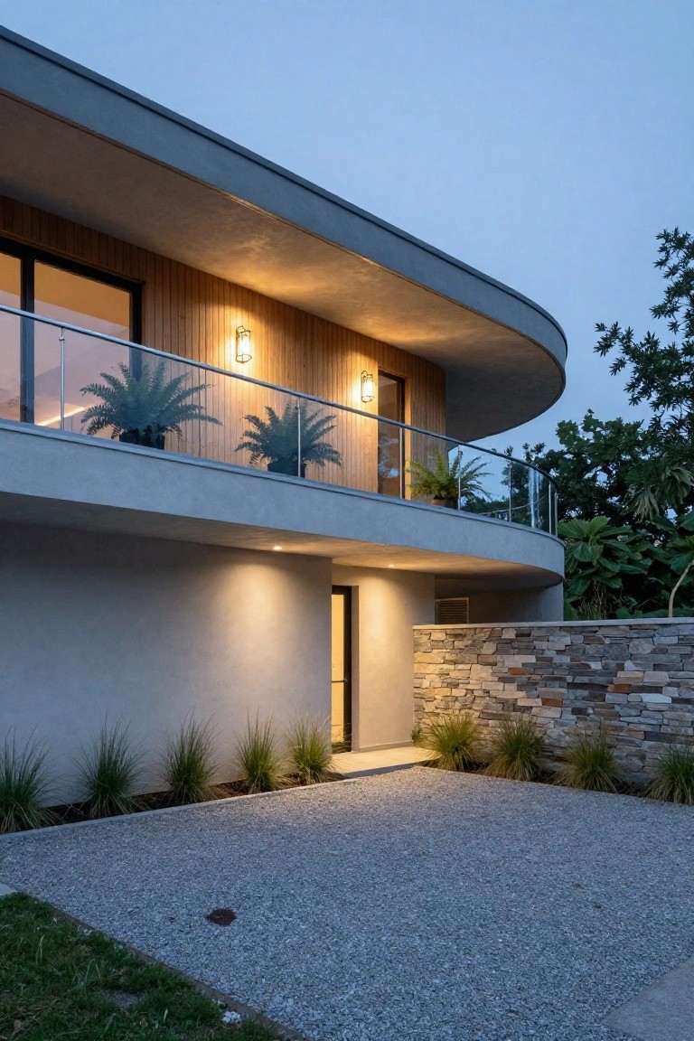 Modern house exterior at dusk with curved overhanging balcony featuring wood cladding, glass railing, potted ferns, wall sconces, entry door, stone accent wall, gravel driveway, and low grasses.