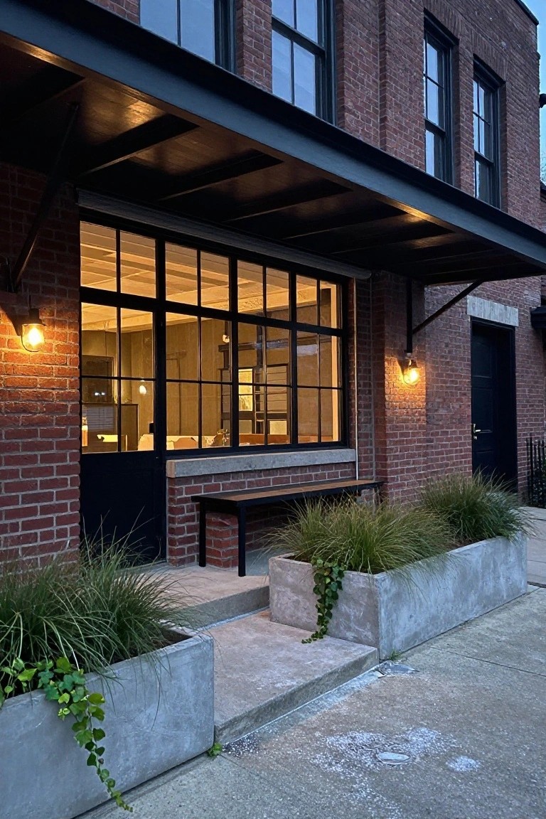 Brick house exterior at dusk with large black metal-framed windows illuminated from inside, flanked by warm yellow wall sconces, black entry door, wooden bench, and concrete planters filled with tall grasses and ivy.