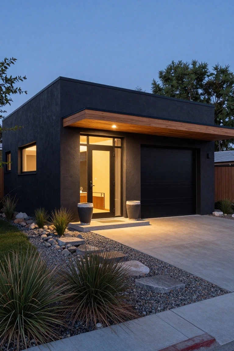 Modern rectangular black stucco house exterior at dusk with wooden cantilevered canopy over glass entry door, black garage door, gravel and succulent landscaping along concrete driveway.
