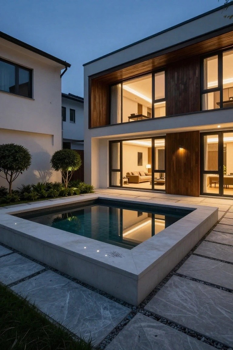 Modern two-story house exterior at night featuring white stucco walls accented by vertical wood panels, large floor-to-ceiling glass doors and windows opening to a interior living area, a small rectangular plunge pool with turquoise water in the foreground, tiled gray patio, and low landscaping with small trees.