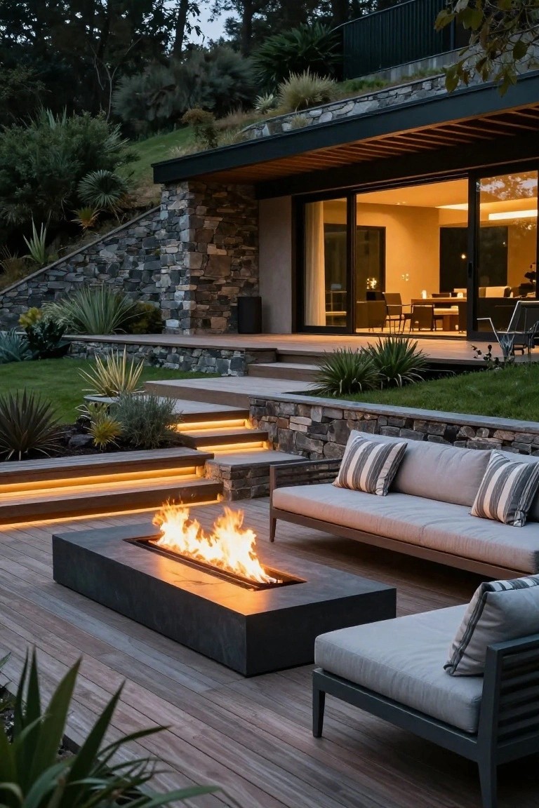 Night view of a wooden deck with a long rectangular black stone fire pit table showing orange flames, gray L-shaped sofa with striped pillows nearby, LED-lit wooden steps leading up to glass house doors, stone walls, and agave plants around the edges.