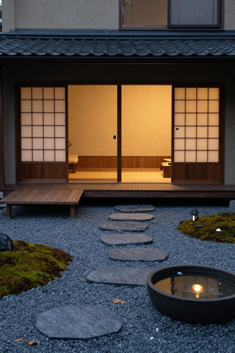 Japanese-style house exterior at night with open shoji screen doors revealing a lit interior room, wooden veranda, gravel zen garden with moss, irregular stepping stones path, stone lantern, and black basin holding water and a candle.