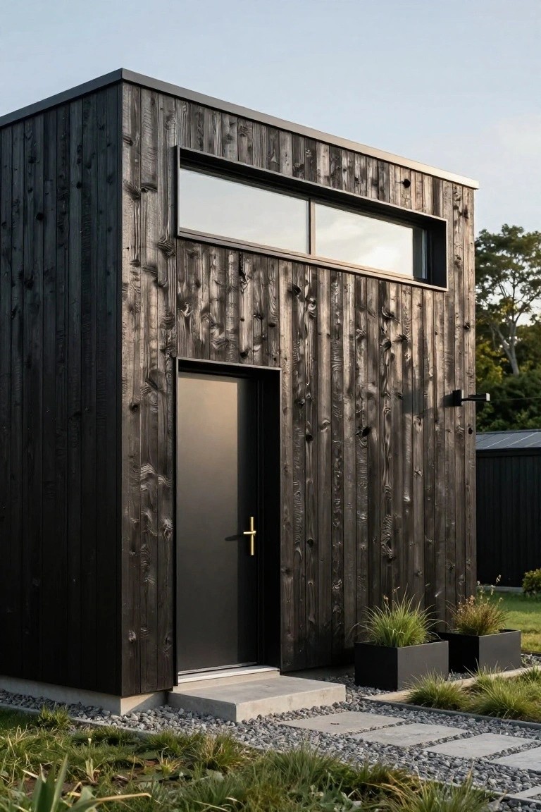 A small rectangular modern house clad in black charred vertical wood planks, with a narrow horizontal window, black door with gold handle, concrete steps, gravel path, black planters with grasses, and surrounding lawn and pebbles.