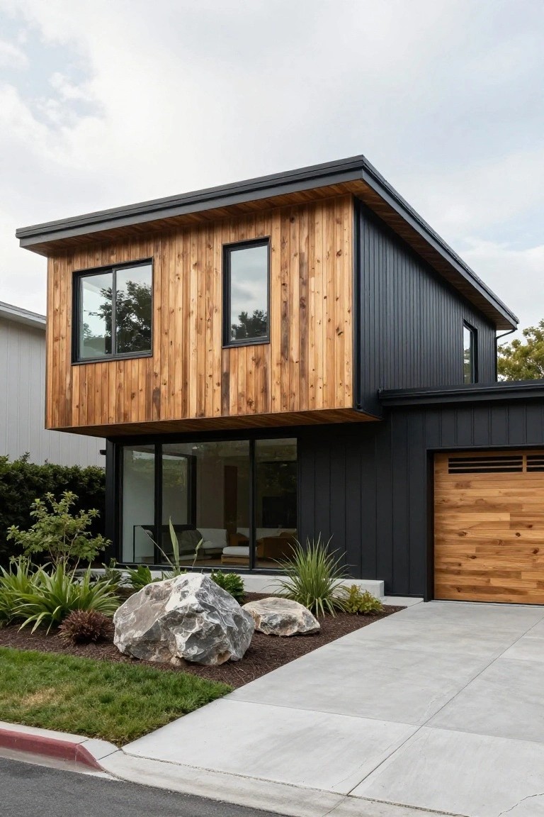 Two-story modern house exterior with vertical light wood cladding on the upper front and side, black siding on the lower and side walls, large glass windows, wood garage door, concrete driveway, and front yard landscaping with rocks, grasses, and succulents.
