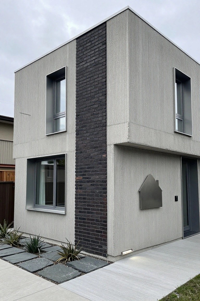 Corner view of a modern boxy house with light gray corrugated cladding, vertical black brick wall, narrow metal-framed windows, dark front door, metal house-shaped sign, and entry landscaping with agave plants and dark stone pavers.