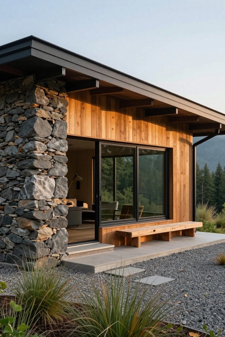 Side view of a modern single-story house with vertical cedar wood siding, a tall irregular natural stone wall, large black-framed sliding glass doors and windows, wooden bench on concrete steps, gravel ground cover, ornamental grasses, and forested mountains in the background.