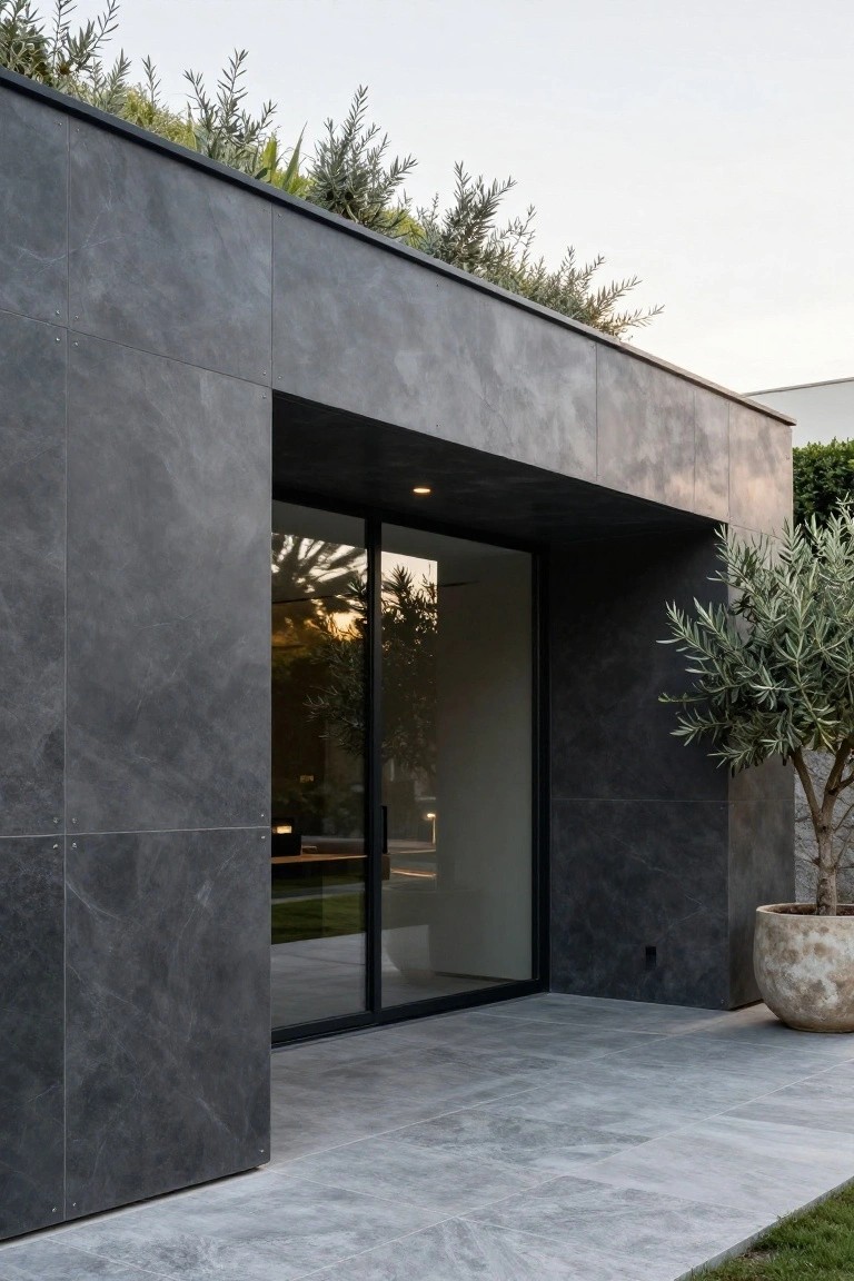 Modern house exterior with dark gray stone-look tile cladding on walls, recessed black sliding glass entry door, potted olive tree nearby, green roof vegetation, and light gray tiled patio.