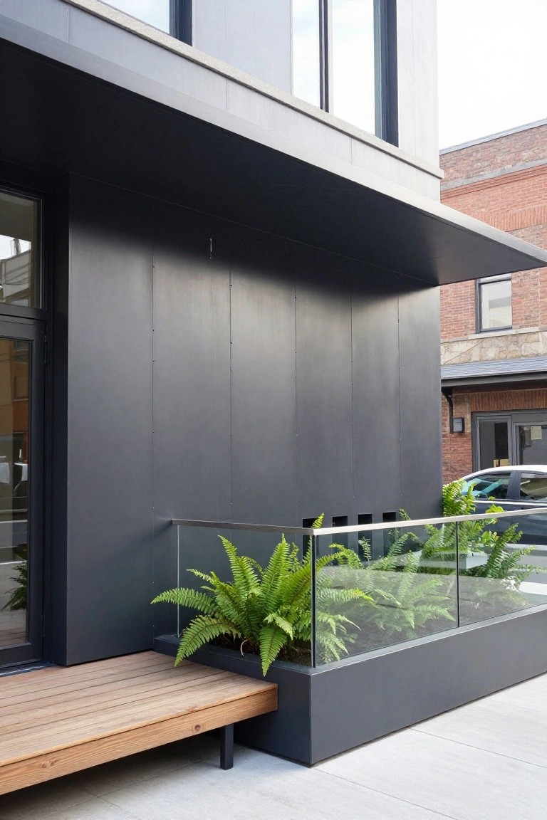 Modern house exterior wall covered in dark vertical metal cladding panels, with a stainless steel and glass railing around a planter box filled with ferns, next to a wooden bench and glass entry door.