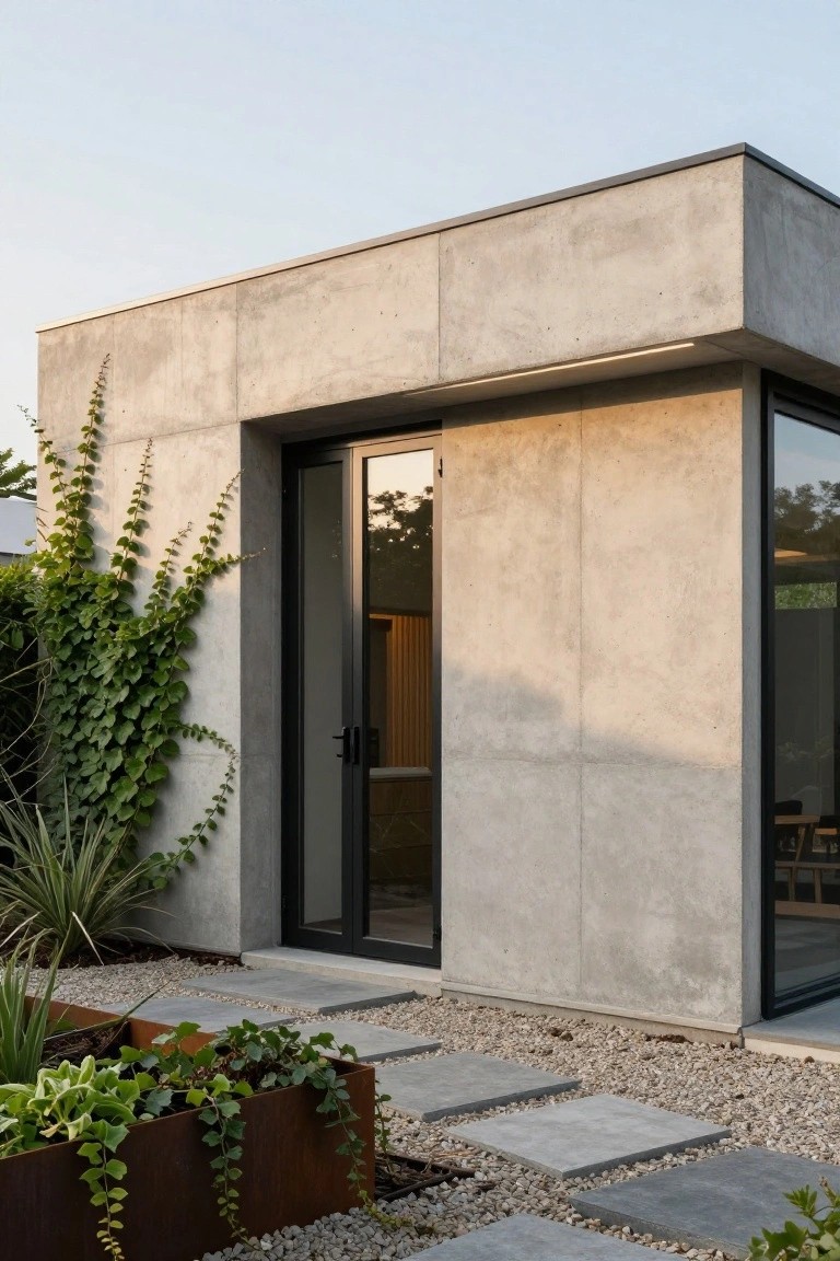 Close-up view of a modern house corner with textured gray concrete walls, a black-framed glass entry door, climbing vines on one side, potted plants, and a gravel path with stone pavers leading to the door.