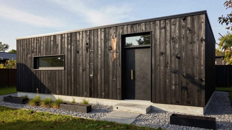 A small rectangular modern house clad in black charred vertical wood planks, with a narrow horizontal window, black door with gold handle, concrete steps, gravel path, black planters with grasses, and surrounding lawn and pebbles.