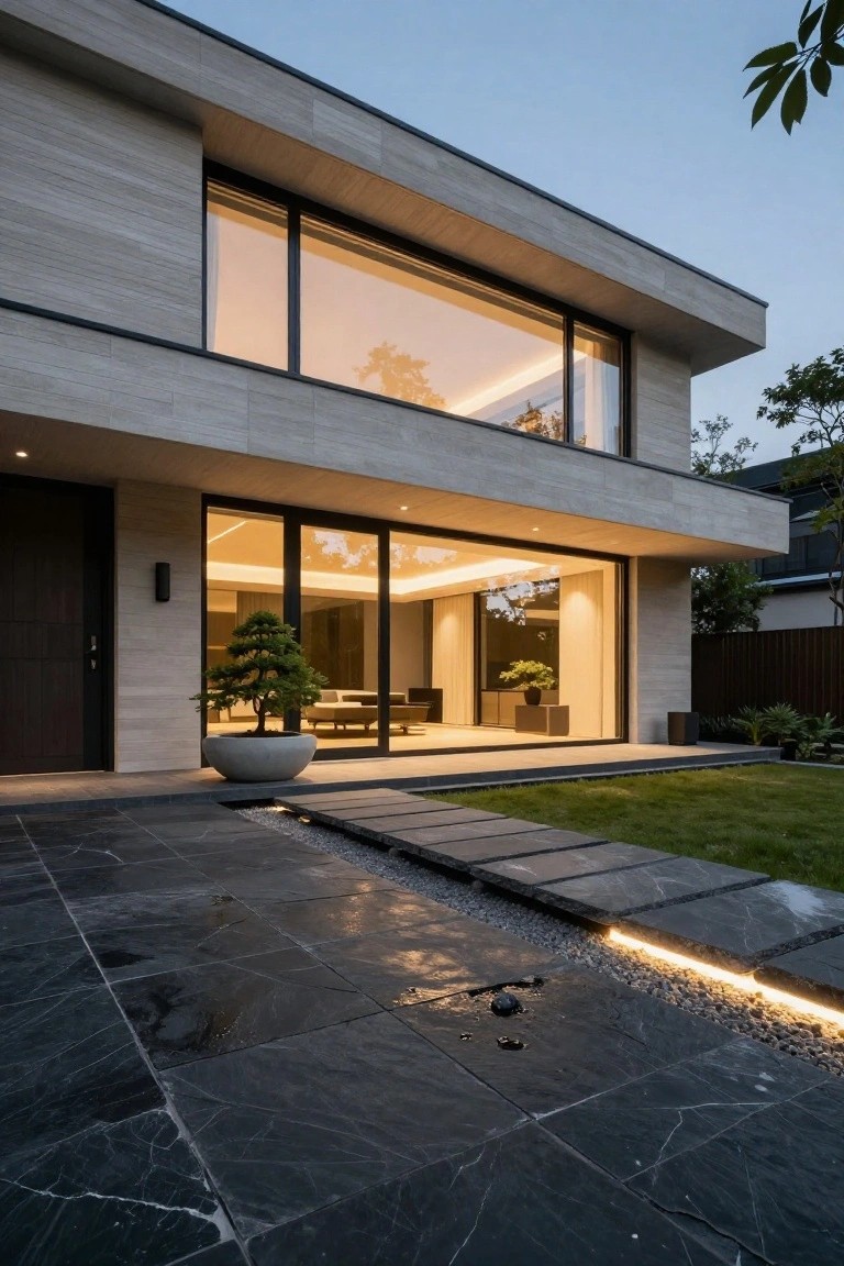 Modern two-story house exterior at dusk with light gray wood plank cladding, large frameless glass windows and doors, dark wooden entry door, potted bonsai tree, and dark slate stone pathway leading to a lawn.