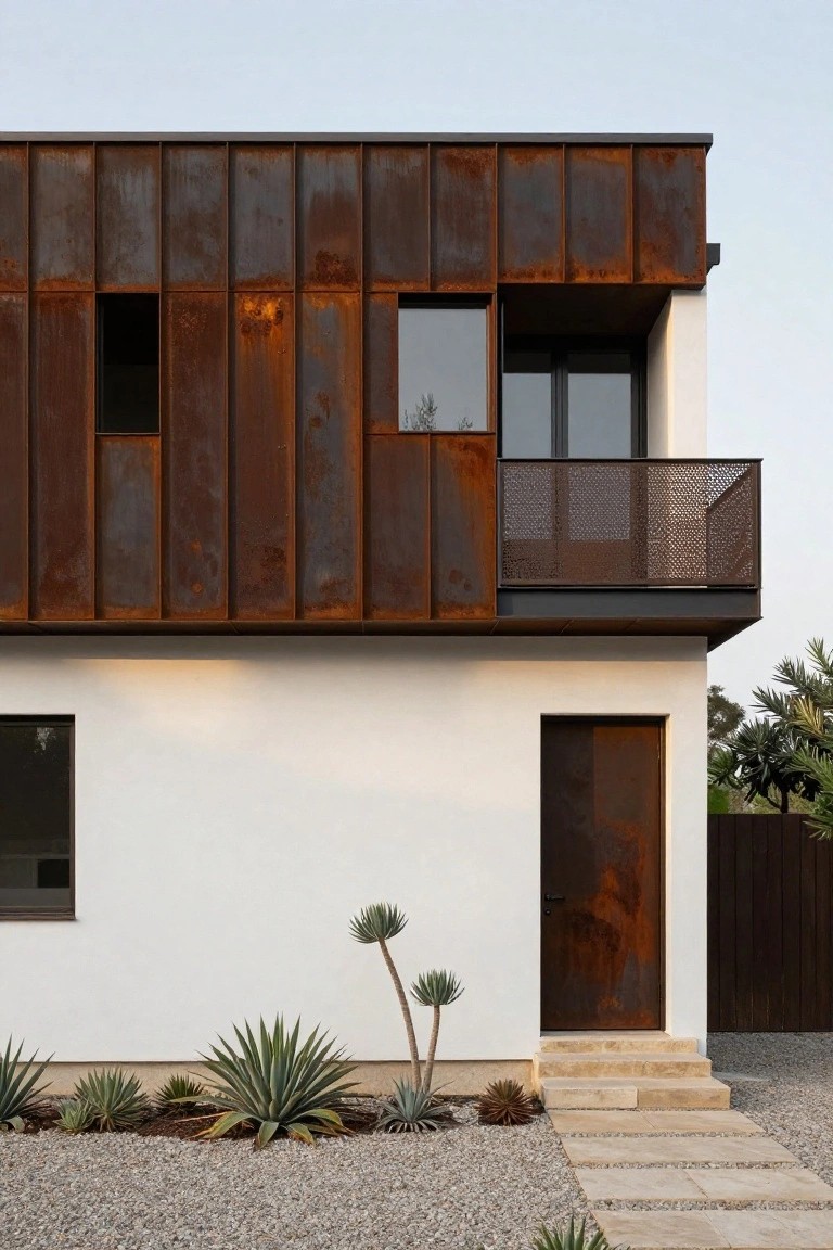 Modern two-story house exterior featuring vertical rusted steel panels on the upper facade, a metal balcony with perforated railing, white stucco lower walls, a rusted steel entry door, stone steps, gravel yard with agave plants, and a stone path.