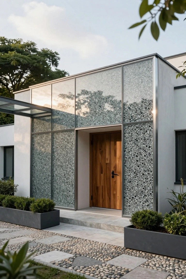 Modern house facade with vertical textured glass panels in a pebble pattern flanking a wooden entry door, white walls, metal framing, flanked by black planters with shrubs, and a pebble stone pathway.