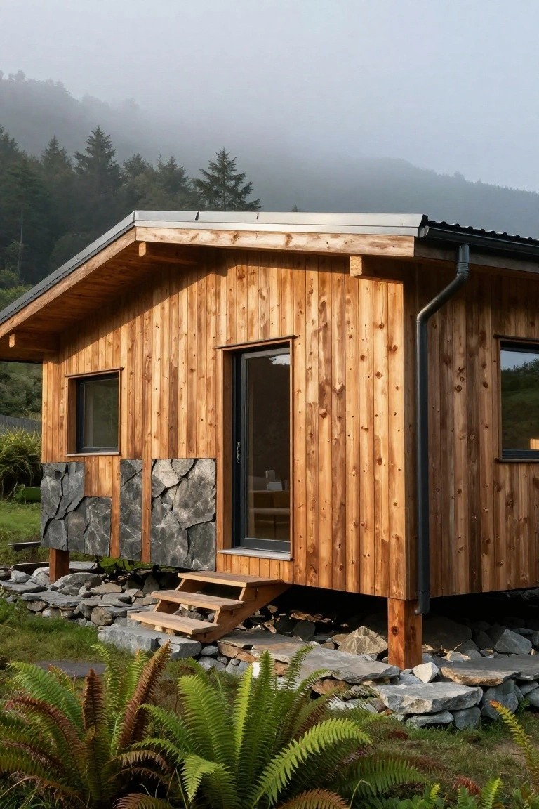A small wooden cabin with vertical dark timber cladding, stone panels at the base near the entry door and windows, wooden steps, surrounded by rocks, ferns, and misty forest.